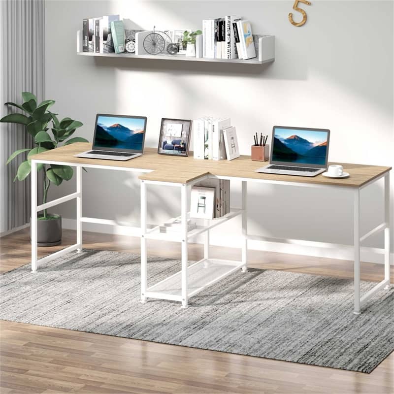 Double Workstation Desk with Storage Shelves Two Person Computer Table with Steel Frame for Home Office Study Room
