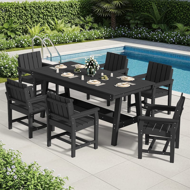7-Piece HDPE Outdoor & Indoor Dining Set, Rectangular 67.91in W Table with Umbrella Hole and 6 Chairs Set of 7, Wood-Look Finish