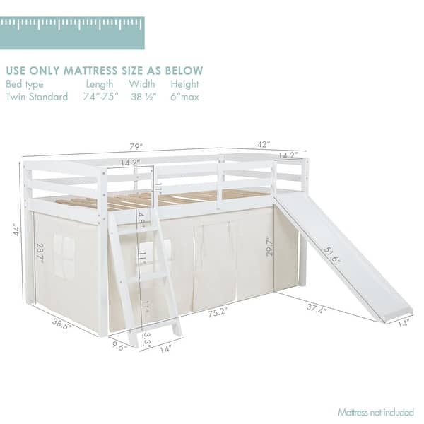 dimension image slide 1 of 2, COSTARS Kids Loft Bed with Slide and Ladder, Solid Wood Twin Loft Bed with Tent and Guardrails