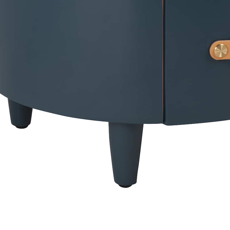 Round Nightstand with Drawer & Open Shelf, Nightstand with Leather Handle & Tapered Legs, Large Capacity Sofa Side Table