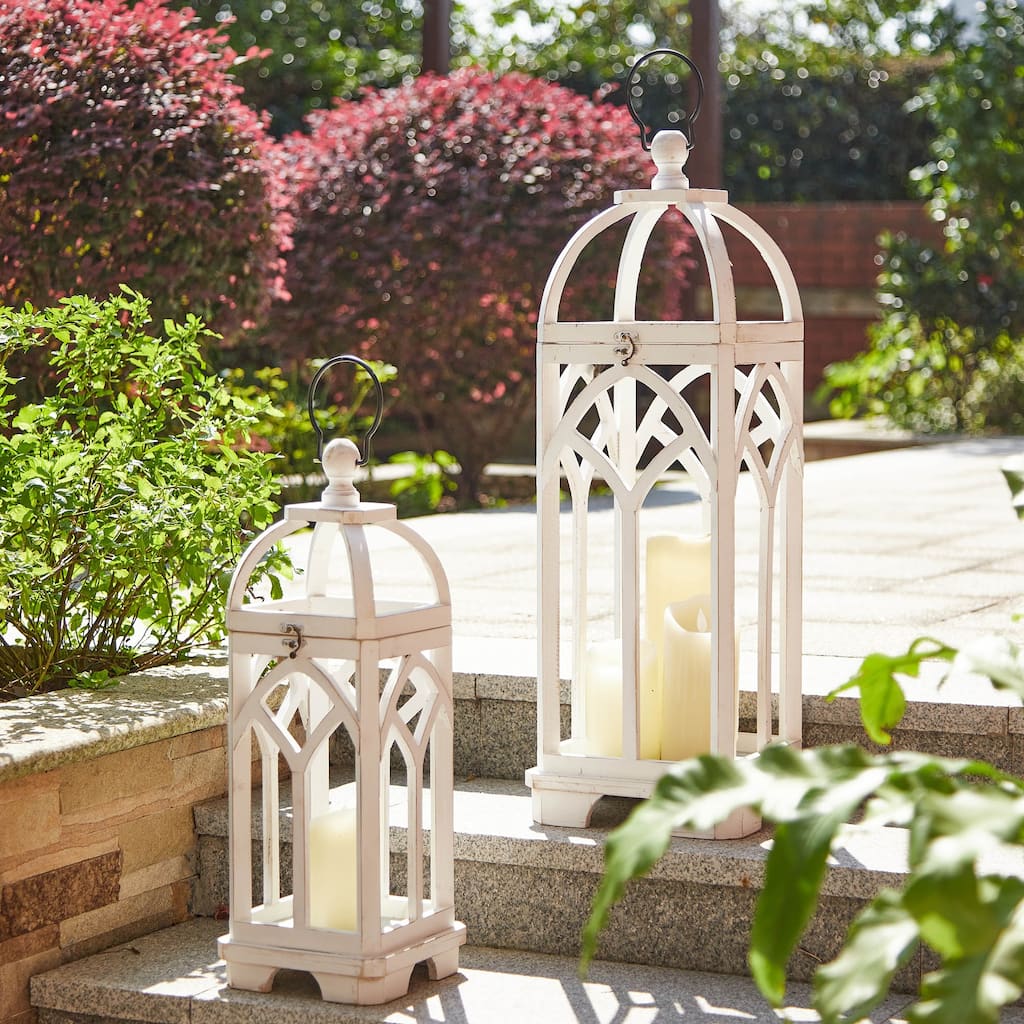 Glitzhome Set of 2 Wooden Church Style Decorative Lanterns Candle Holders for Wedding Mantle Entryway