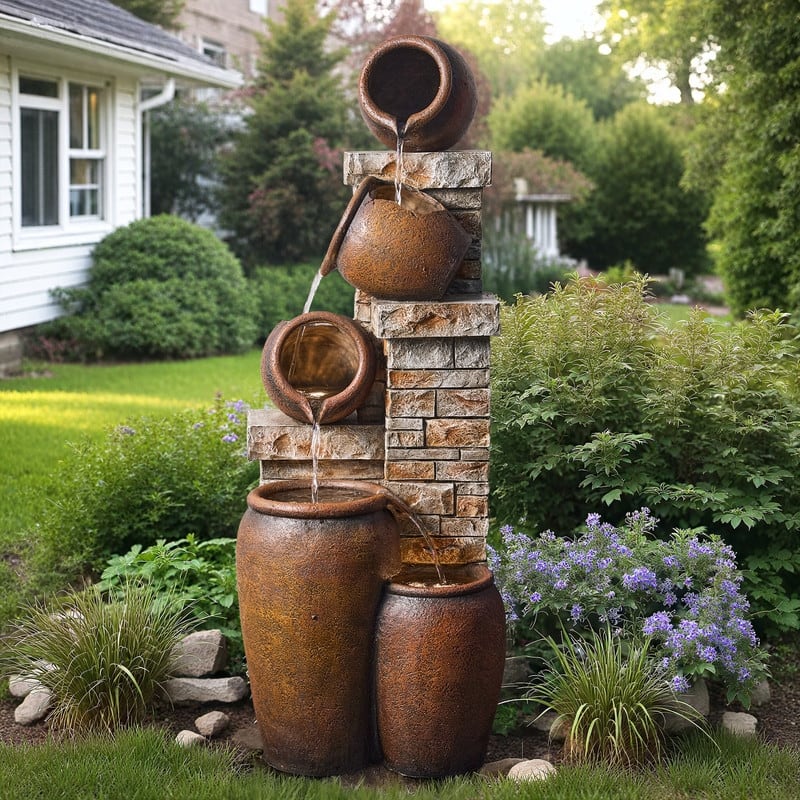 Glazed Terracotta Pots Polyresin Cascade Water Fountain Weather Resistant