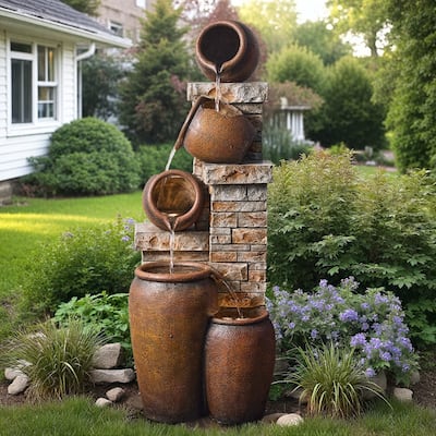 Glazed Terracotta Pots Polyresin Cascade Water Fountain Weather Resistant