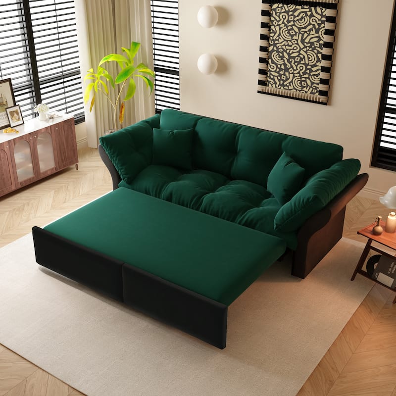 74.8" Queen Pull Velvet Out Sofa Bed, 3-in-1 Convertible Sleeper Tufted Sofa with 2 Soft Pillows-Green