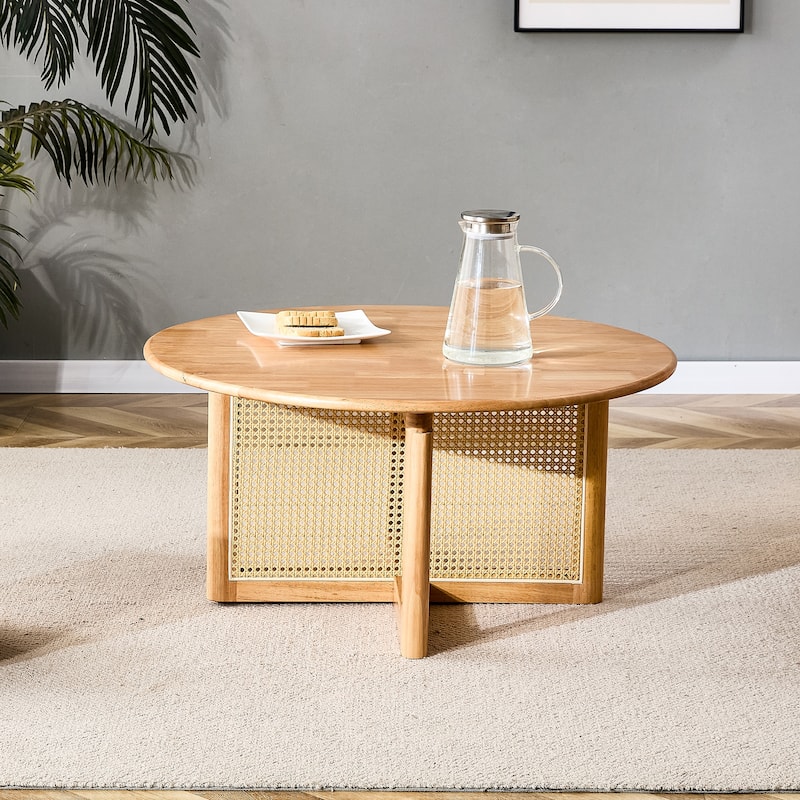 Natural Wooden Coffee Table with Faux Rattan Trim Accent End Table Bed Bath & Beyond 39255241