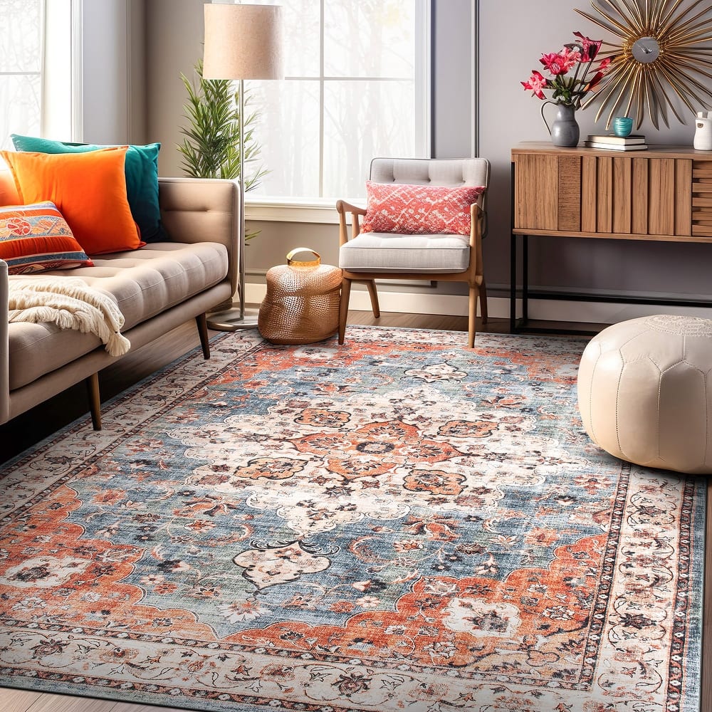 World Rug Gallery Traditional Distressed Washable Non-Slip Area Rug Perfect for Living Room, Entryway, or Bedroom