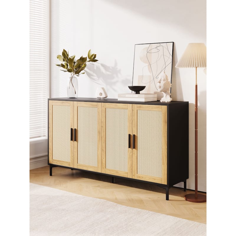 JASIWAY Buffet Table Kitchen Sideboard with Rattan Decorated Doors