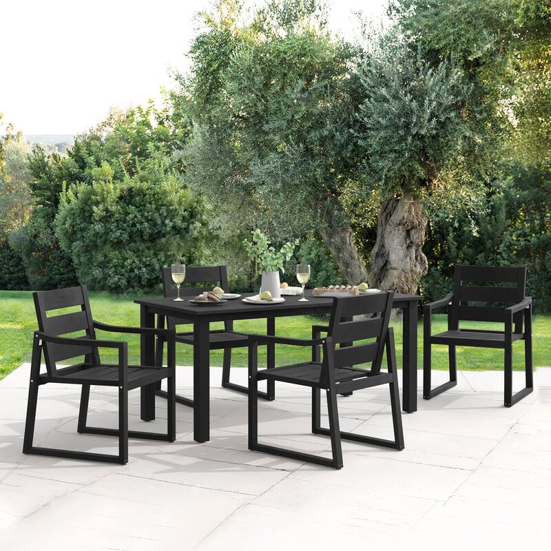 5-Piece HDPS Rectangular Patio Dining Set with Slatted Table Top and outdoor Armchairs - 23.6"D x 24.6"W x 34.6"H - Black