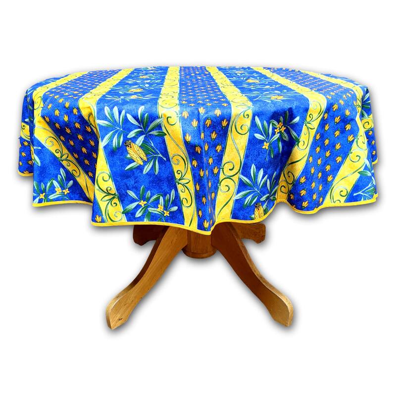 Wipeable French Spill Resistant Bees Print Acrylic Coated Tablecloth - 60-in Round - Blue Stripes
