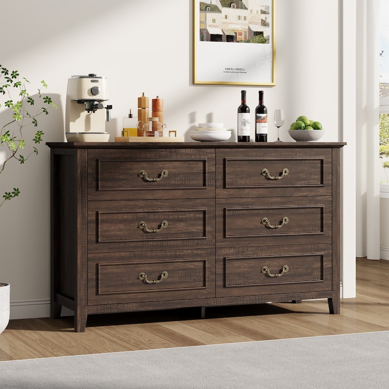 Farmhouse 6 Drawer Dresser for Bedroom, Vintage Dresser with Antique Handles
