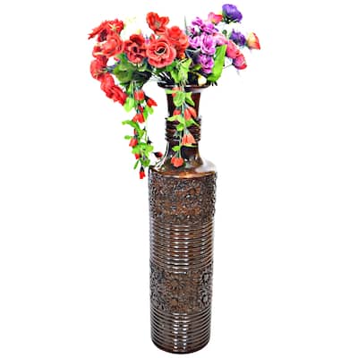 Antique Decorative Brown Hand Curved Mango Wood Floor Flower Vase