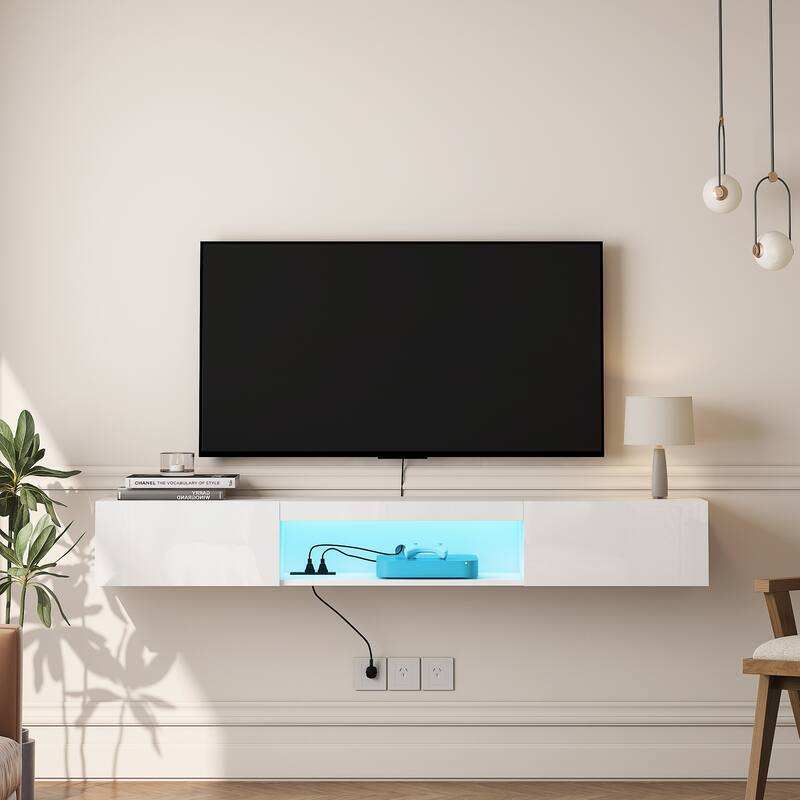 Floating TV Stand Wall Mounted with 16 Color LEDs, 63" Modern TV Stand, Entertainment Center with Open Storage Compartment
