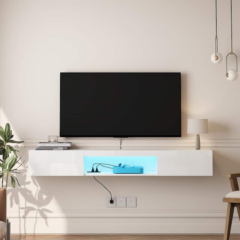 Floating TV Stand Wall Mounted with 20 Color LEDs,63" Modern TV Stand,Floating TV Cabinet Entertainment Center - White