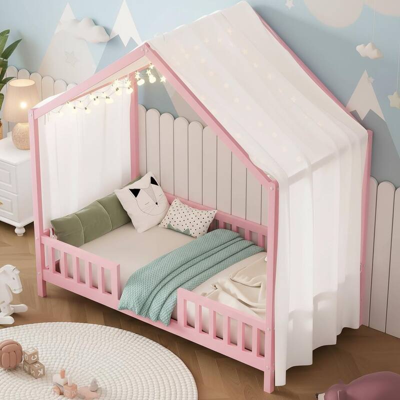 Whimsical Montessori-Inspired Floor Bed with Canopy & Full Safety Rails by Harper&Bright Designs - Pink - Twin