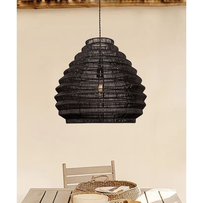 Modern Rattan Wicker Large Black Boho Pendant Light - 19" Wide