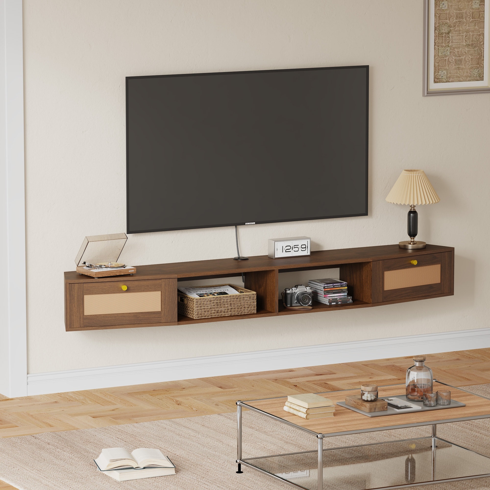 EROMMY Wall-Mounted TV Cabinet with Rattan Doors & Shelves - Floating Entertainment Center with Cable Management