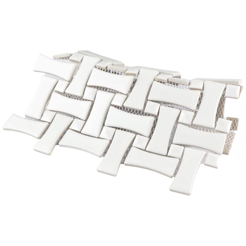Merola Tile Metro Dog Bone Basketweave Matte White w/Glossy White Dot 10" x 10" Porcelain Mosaic Tile