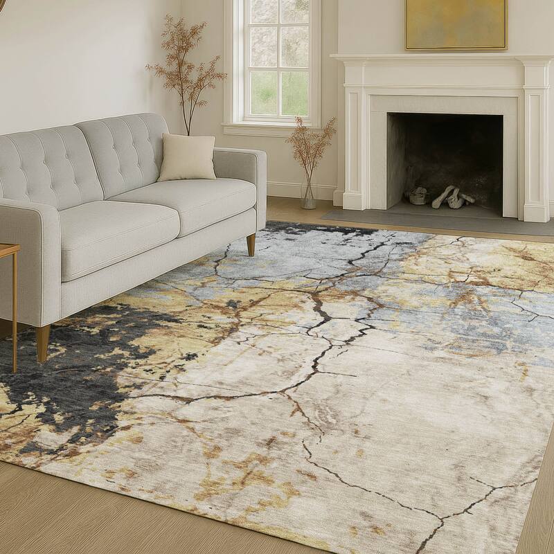 Machine Washable Indoor/ Outdoor Modern Crackle Chantille Rug