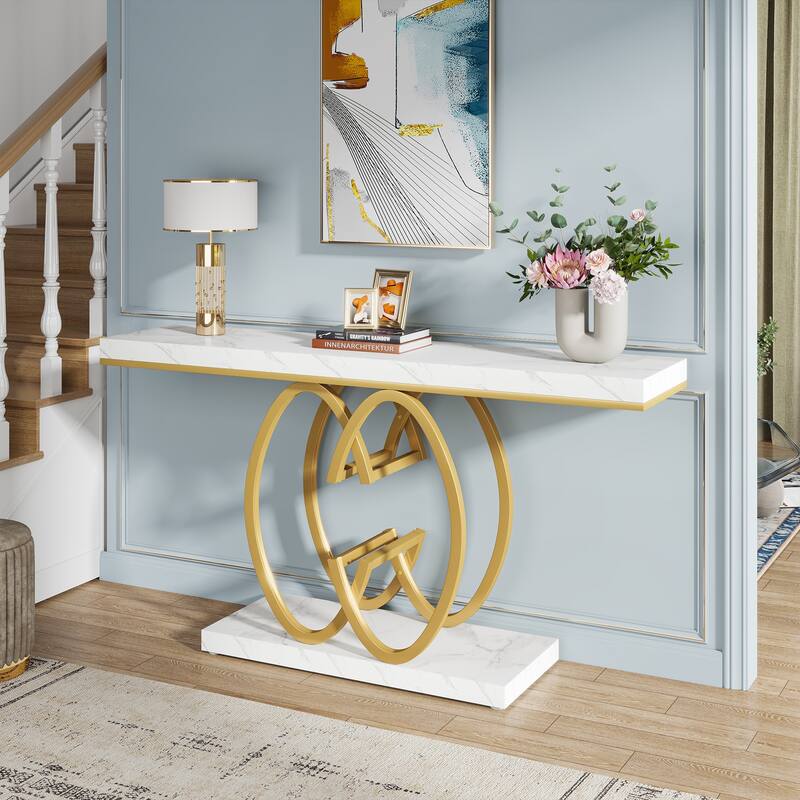 55 INCH White Console Table Modern Accent Table For Entryway with Geometric Base - Faux Marble White