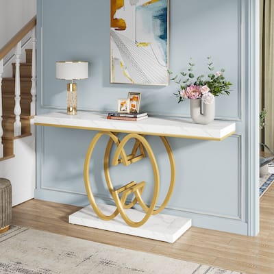 55 INCH White Console Table Modern Accent Table For Entryway with Geometric Base