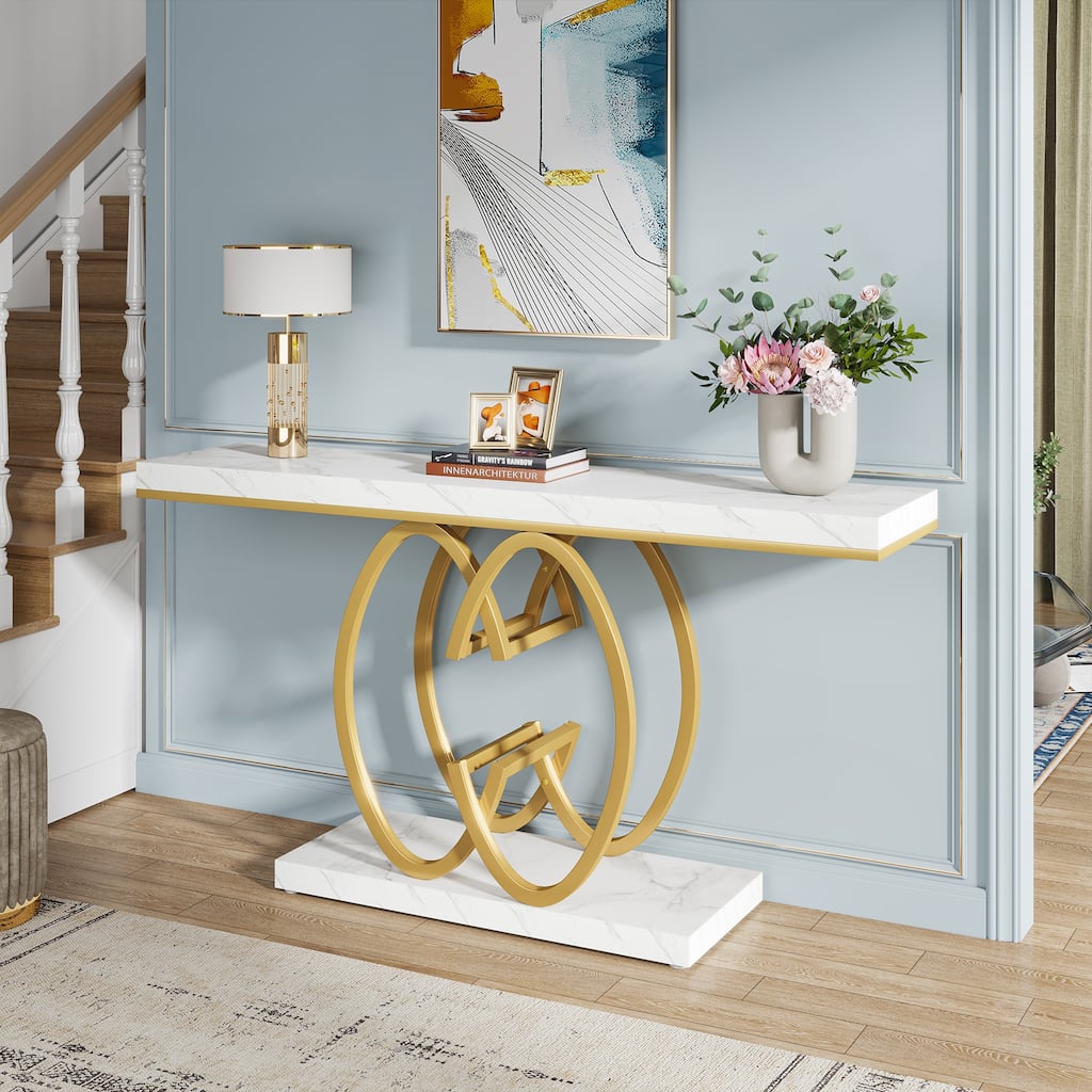 55 INCH White Console Table Modern Accent Table For Entryway with Geometric Base
