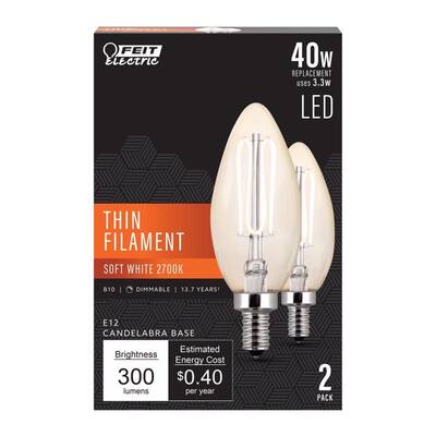 Feit B10 E12 (Candelabra) Filament LED Bulb Soft White 40 Watt Equivalence 2 pk - Warm White
