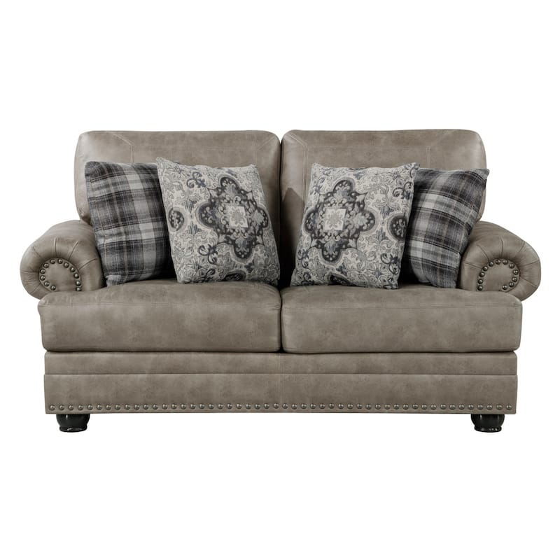 Jade 72 Inch Loveseat, Taupe Brown Microfiber, 4 Pillows, Cushioned, Wood