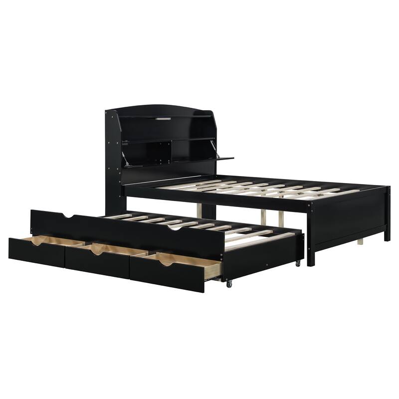 Full Size Espresso Wooden Bed with LED Night Light, Trundle, and Under-Bed Storage Drawers