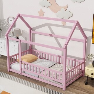 Child Floor Wooden Bed with House Roof Frame, Fence Guardrails,Twin Size