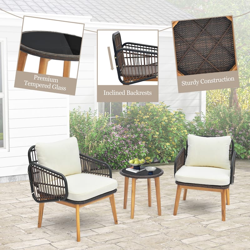 3 PCS Patio Furniture Set w/ Cushioned Chairs Tempered Glass End Table