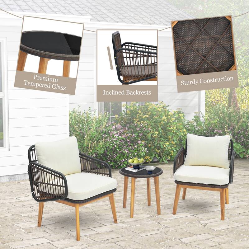 3PCS Patio Furniture Set w/ Cushioned Chairs Tempered Glass Side Table