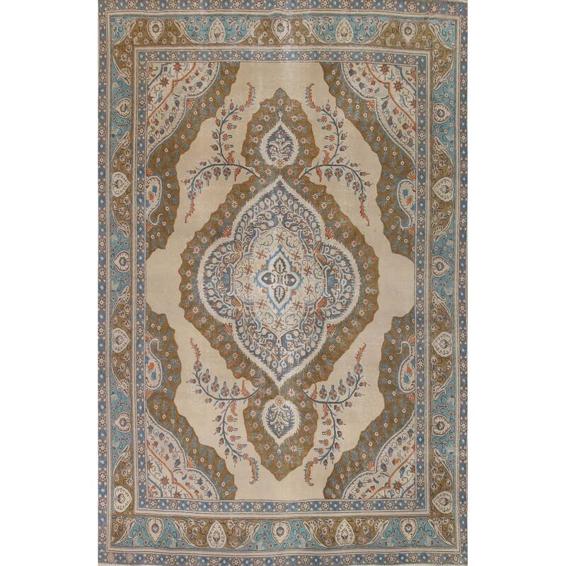 Hand Knotted Oriental 100% Wool Carpet Traditional Medallion Beige & Ivories Tabriz Area Rug - 12' 8'' X 9' 4''