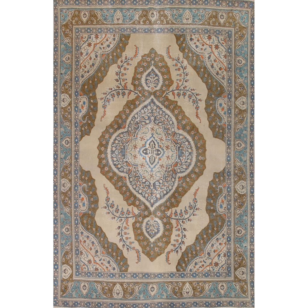 Hand Knotted Oriental 100% Wool Carpet Traditional Medallion Beige & Ivories Tabriz Area Rug - 12' 8'' X 9' 4''