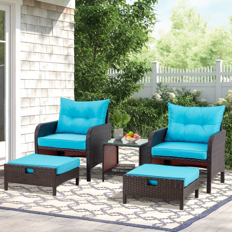 AVAWING 5-Piece Outdoor Blue Wicker Rattan Conversation Set with Ottoman Table