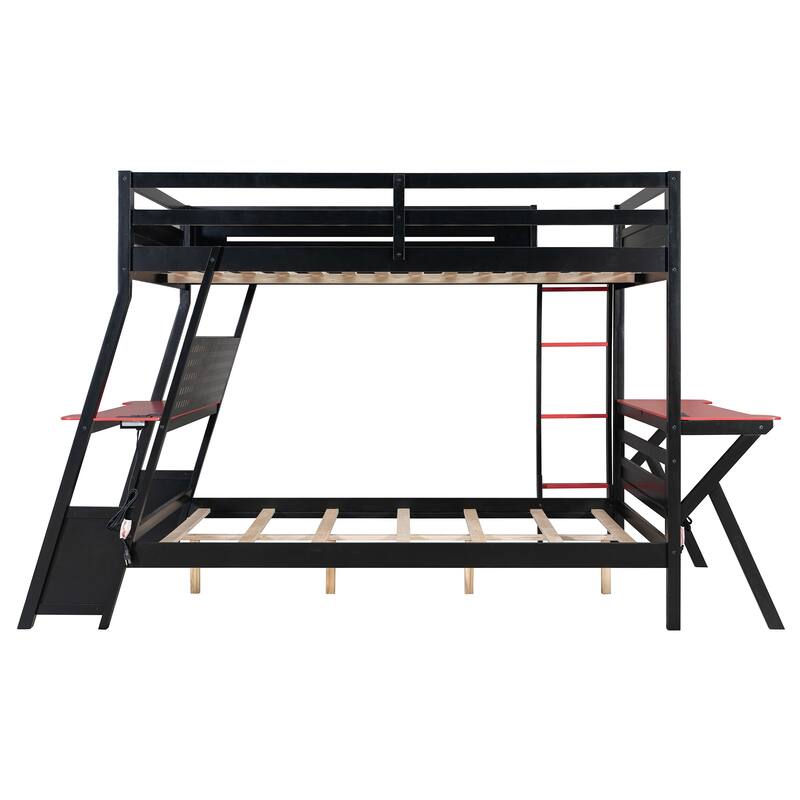 Roomfitters Full Size Bunk Bed with Two Built-In Gaming Desks, USB Ports and Pegboard