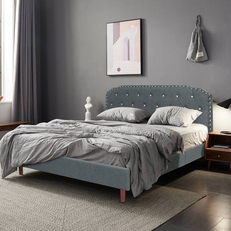 Upholstered Bed Frame with Adjustable Diamond Button Headboard