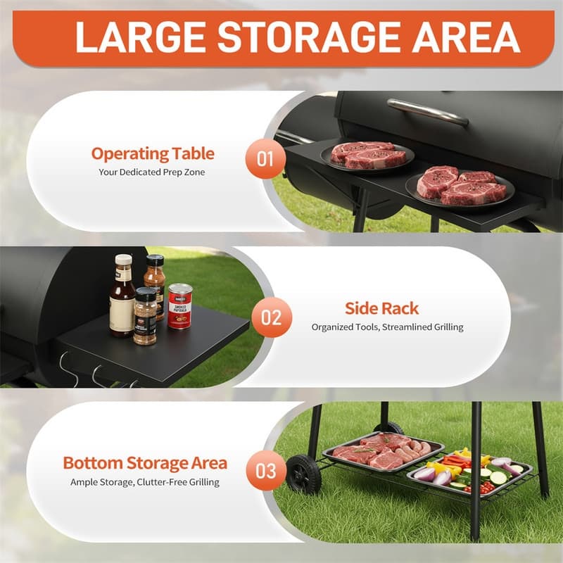 Barrel Charcoal Grill With Offset Smoker And Warming Rack Outdoor BBQ Grill For Backyard Patio Parties - N/A