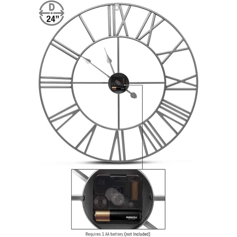 Sorbus Large Decorative Wall Clock, Analog Metal Clock, 24" Round (Silver)