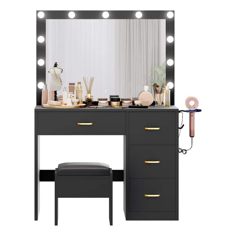 Black Vanity Desk Makeup Table Lighted Mirror Dressing - 35.4"L x 15.7"W x 53.5"H