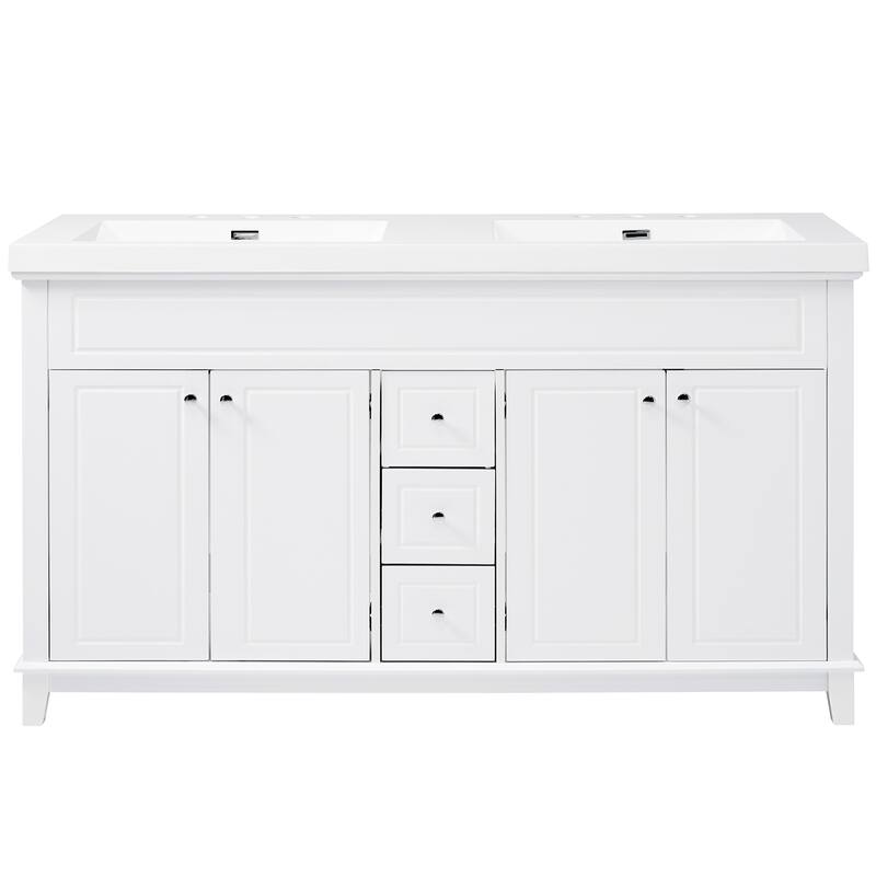 Roomfitters 60" Double Bathroom Vanity with Integrated Resin Double Sinks, 3 Drawers and 4 Doors with Shelving, White