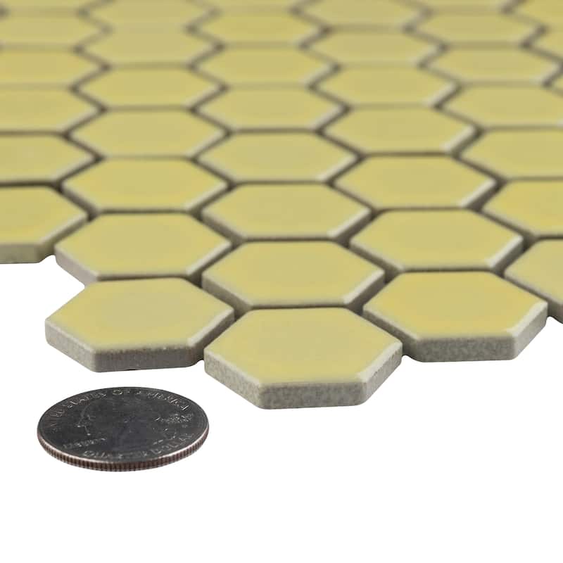 Merola Tile Hudson 1" Hex Vintage Yellow 11-7/8" x 13-1/4" Porcelain Mosaic Floor and Wall Tile