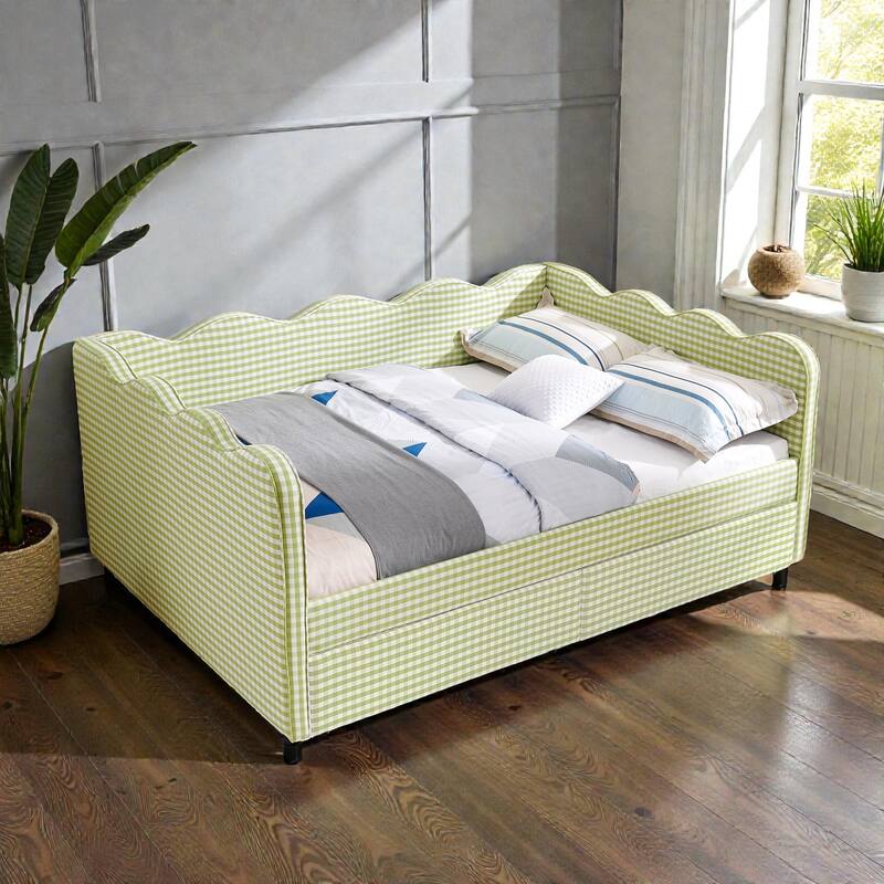 Full Size Gingham Upholstered Daybed with USB Port, Two Storage Drawers and Wave Shaped Design