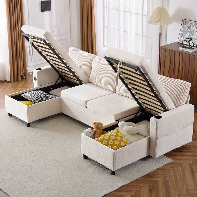 111.8" Chenille U-Shaped Sectional Sleeper Sofa with USB & Storage