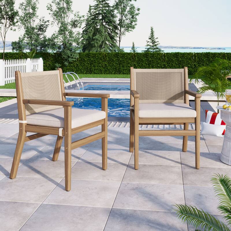 Roomfitters Outdoor Dining Chairs Set of 2, Acacia Wood Armchairs with Rope Back and Cushions, Patio Seating - Light Brown