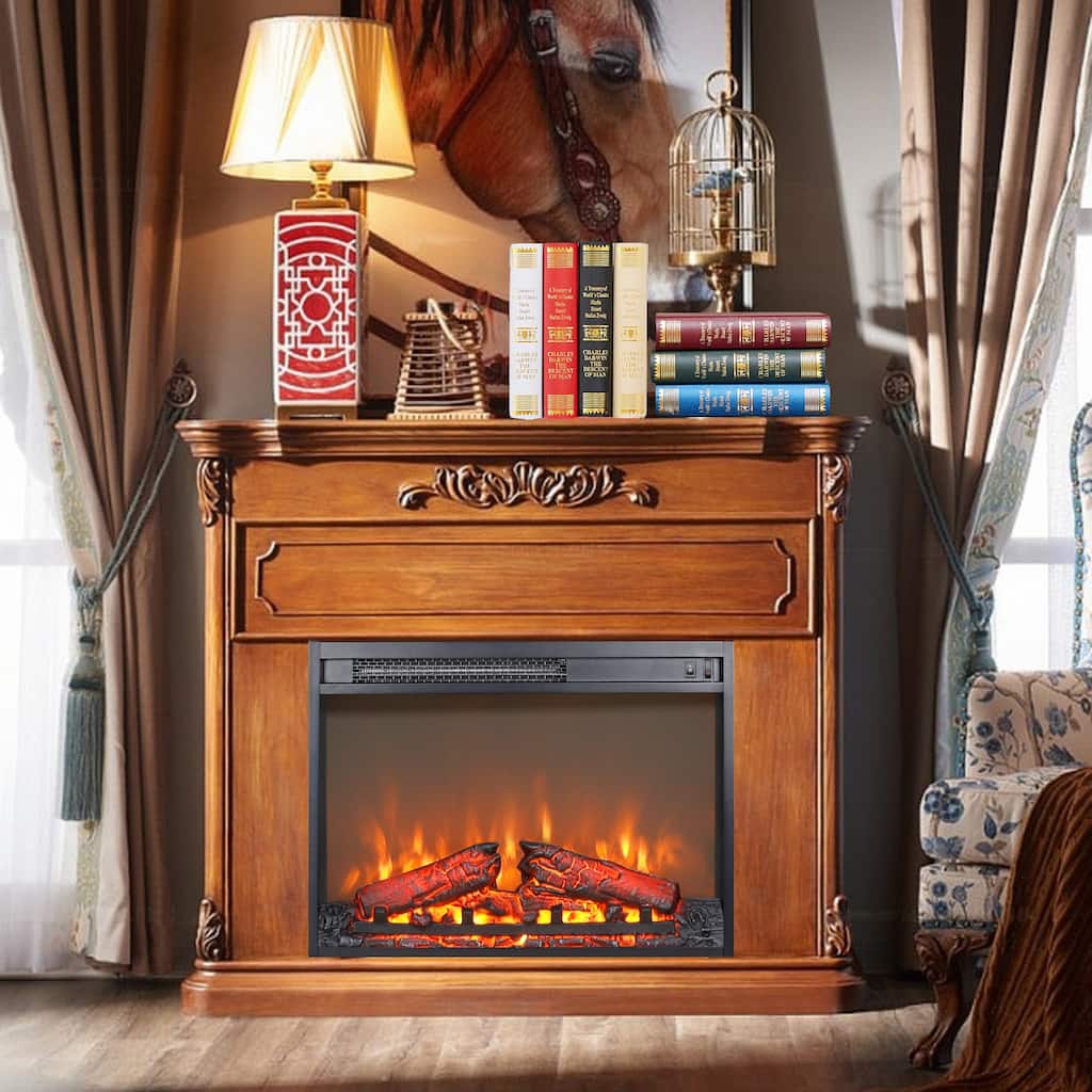 23" Electric Fireplace Insert Heater with Log Set & Realistic Flame