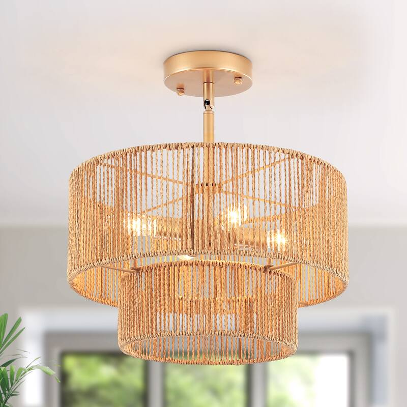 Starsky 4-Light 2-Tier Rattan Semi Flush Mount Ceiling Light