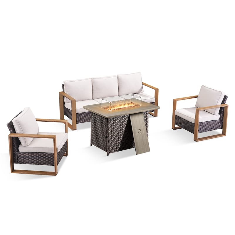 Pocassy 4 Pieces Outdoor Sofa Patio Chair with Fire Pit Table Set