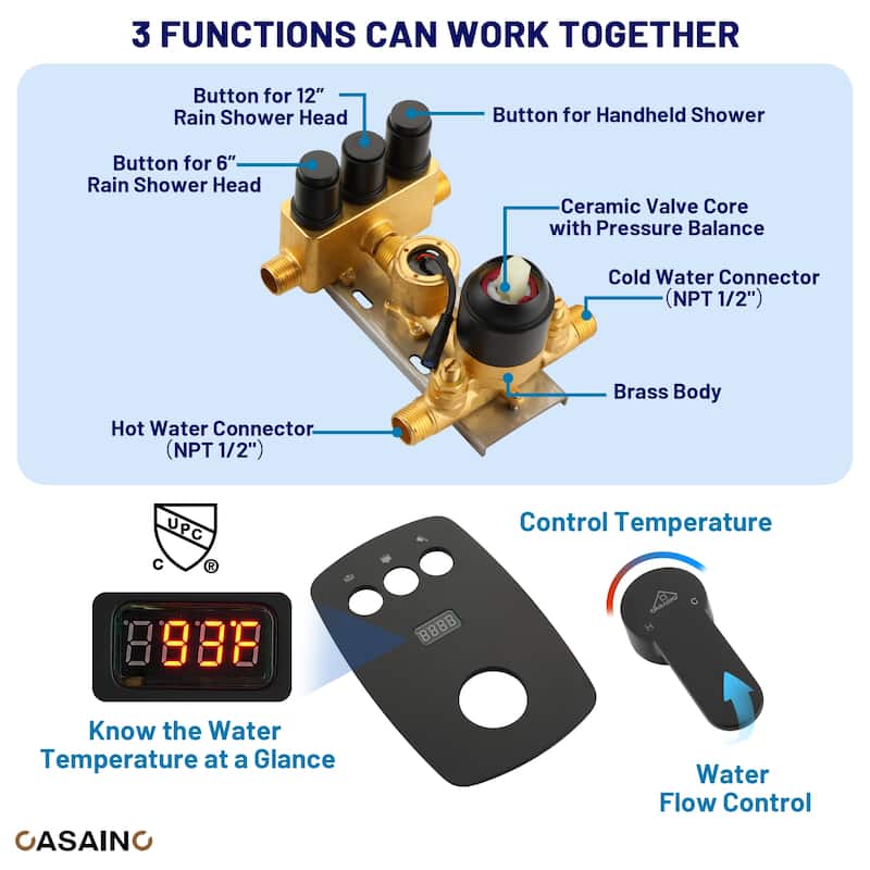 3-Spray Patterns 1.8 GPM 12 in. and 6 in. Dual Shower Head and Handheld Shower Head with Digital Display and Pressure-Balanced