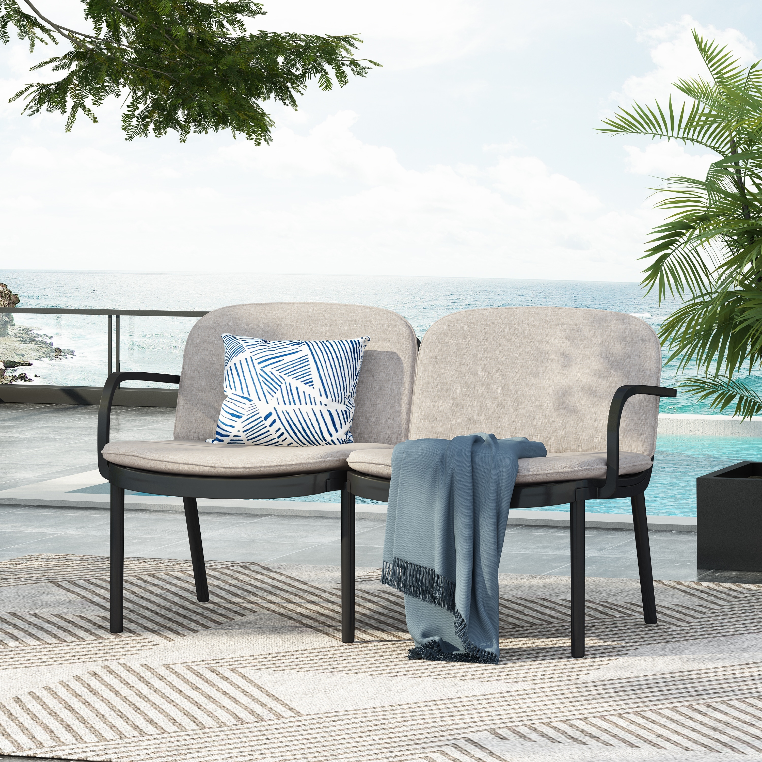 Roomfitters Luna Outdoor Plastic Loveseat Bench with Water Repellent Cushion, Modern