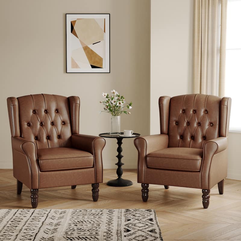 Button-Tufted Accent Club Chair Wingback Armchair Set of 2 - Brown-Leather